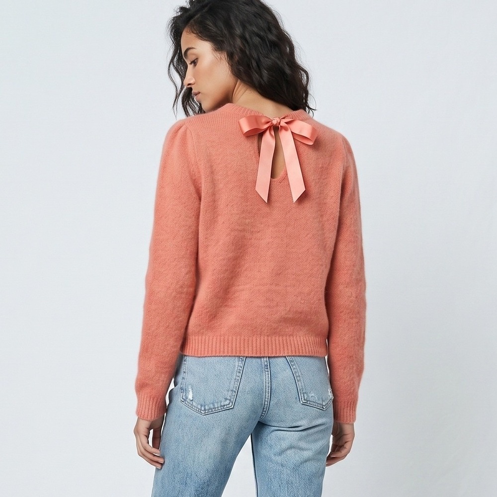 Uterque Bow Back Sweater Salmon Pink Coral Puff Sleeve Blouse Small Soft Cozy